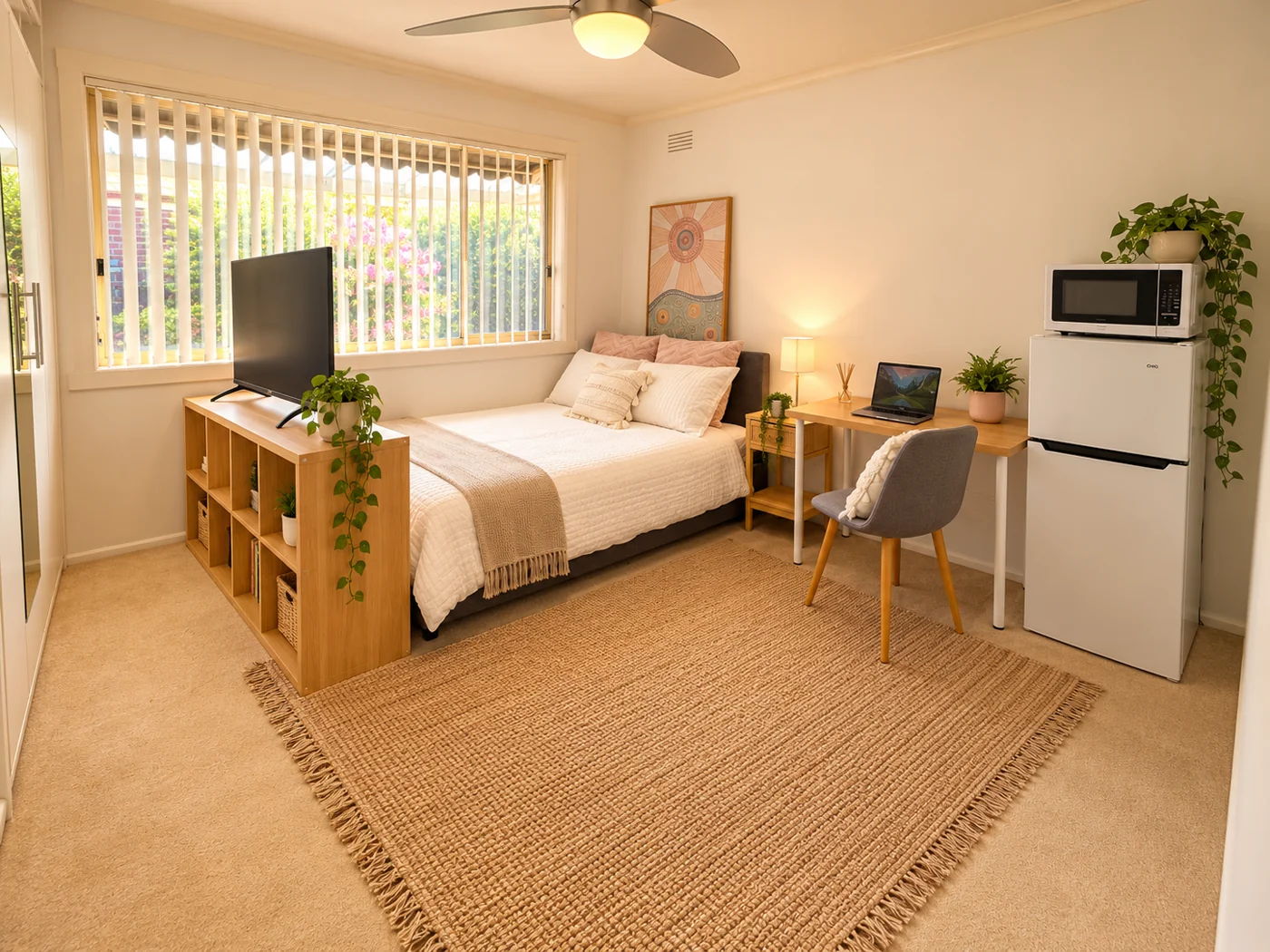 Updated furnished Ally Living bedroom with bed, desk, TV and private fridge