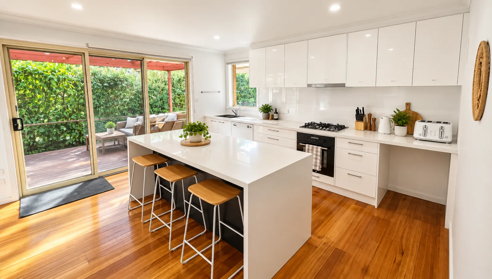 Bright shared kitchen with island bench and garden outlook